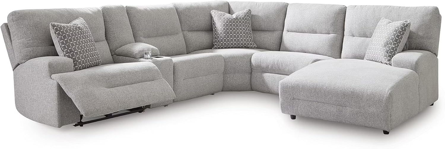Signature Design by Ashley Acklen Place Modern U-Shaped Modular Stain-Resistant 6-Piece Power Reclining Sectional with Chaise, Adjustable Headrest, USB Charging Ports and Console, Light Gray