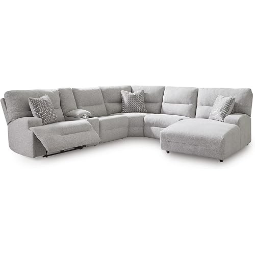Signature Design by Ashley Acklen Place Sectional Sofa, 6-Piece Power Reclining Sectional with Chaise, Polyester, Foam, Metal, Engineered Wood and Wood Construction, for Living Rooms, Pewter Gray