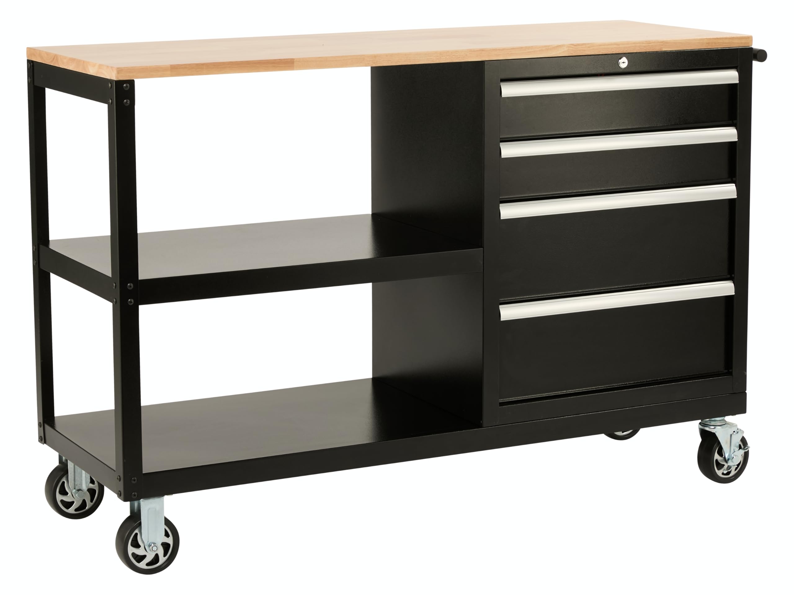 The Workplace Depot Workbench on Wheels – Mobile Workshop Trolley with Locking Drawers, 25mm Hardwood Top, 120mm Casters, Heavy-Duty Black Steel Frame – Ideal for Garages & Workshops
