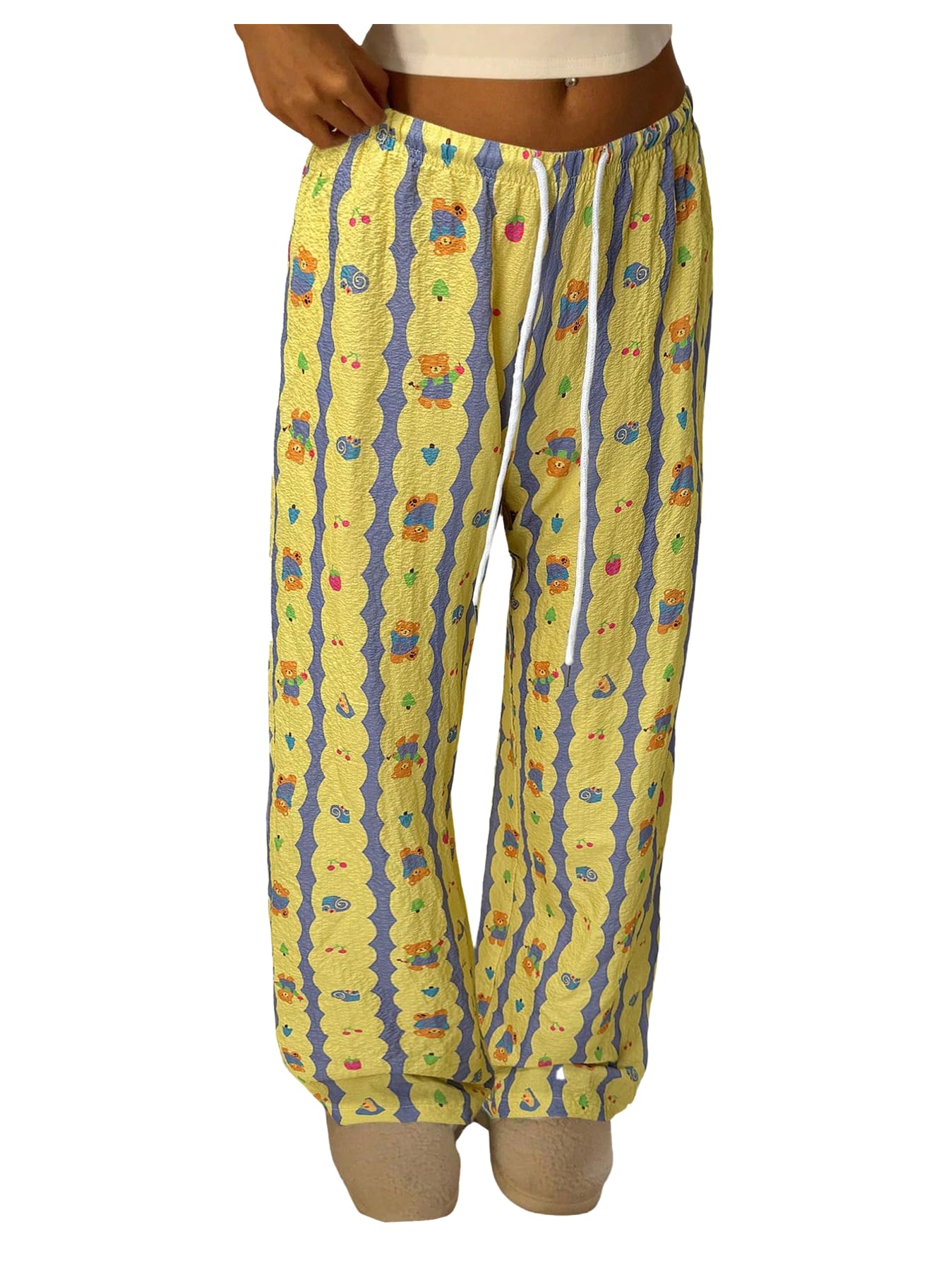 Womens Graphic Cartoon Straight Leg Pants Drawstring Waist Low Rise Casual Lounge Trousers