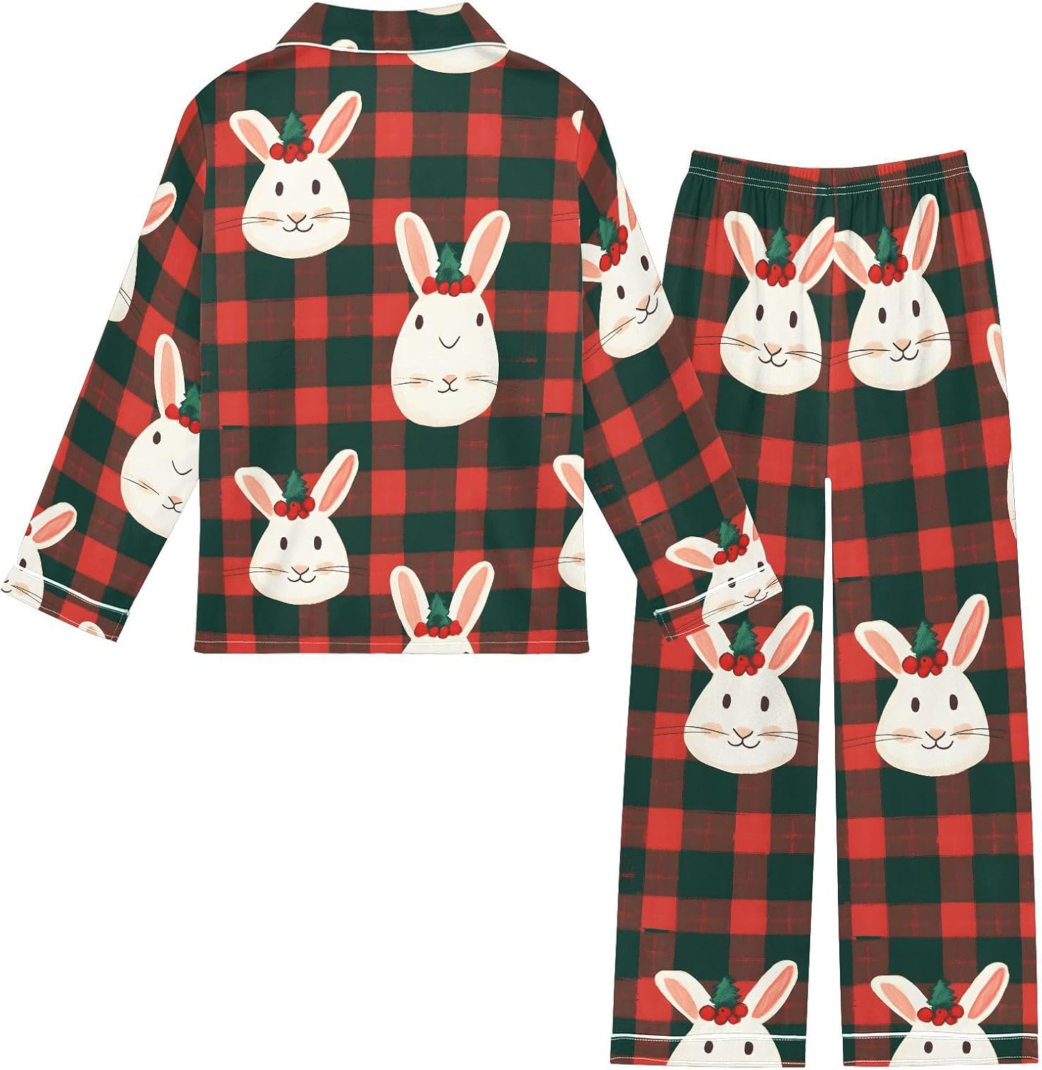 senya Rabbit Face Checked Satin Pajama Sets Long Sleeves Nightwear Button Down Sleepwear