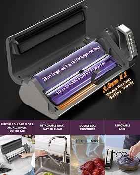 Mesliese Vacuum Sealer 95kPa 140W, One-Hand Food Sealer | Double Seal Strip, Built-in Cutter & Countdown Display, 2 Bag Rolls + 5 Pre-cut Bags Included, One-Hand Operation, Dark Gray
