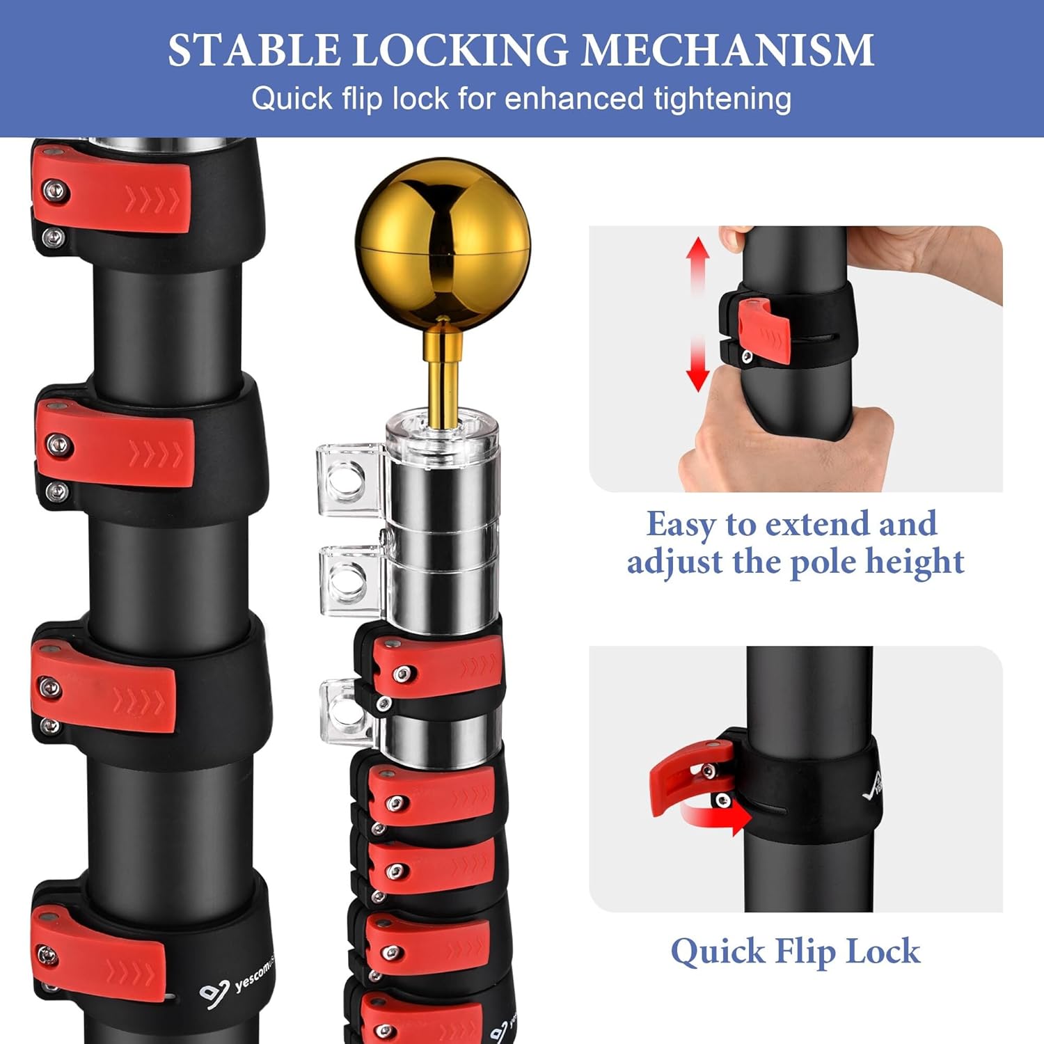 Yescom EZ GO 30ft Portable Telescopic Tailgate Flag Pole Kit with Anti-Sway Tire Mount & Carry Bag for RV Camping with US Flag Ball Top, Outdoor Telescoping Flagpoles Black