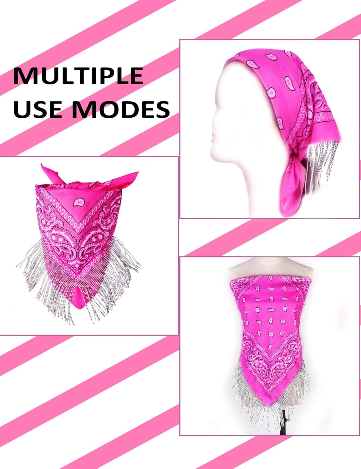 Fringe Rhinestone Bandana with Heart Sunglasses, Disco Cowgirl Boy Paisley Pattern Face Mask Square Scarf Headwear - Image 2