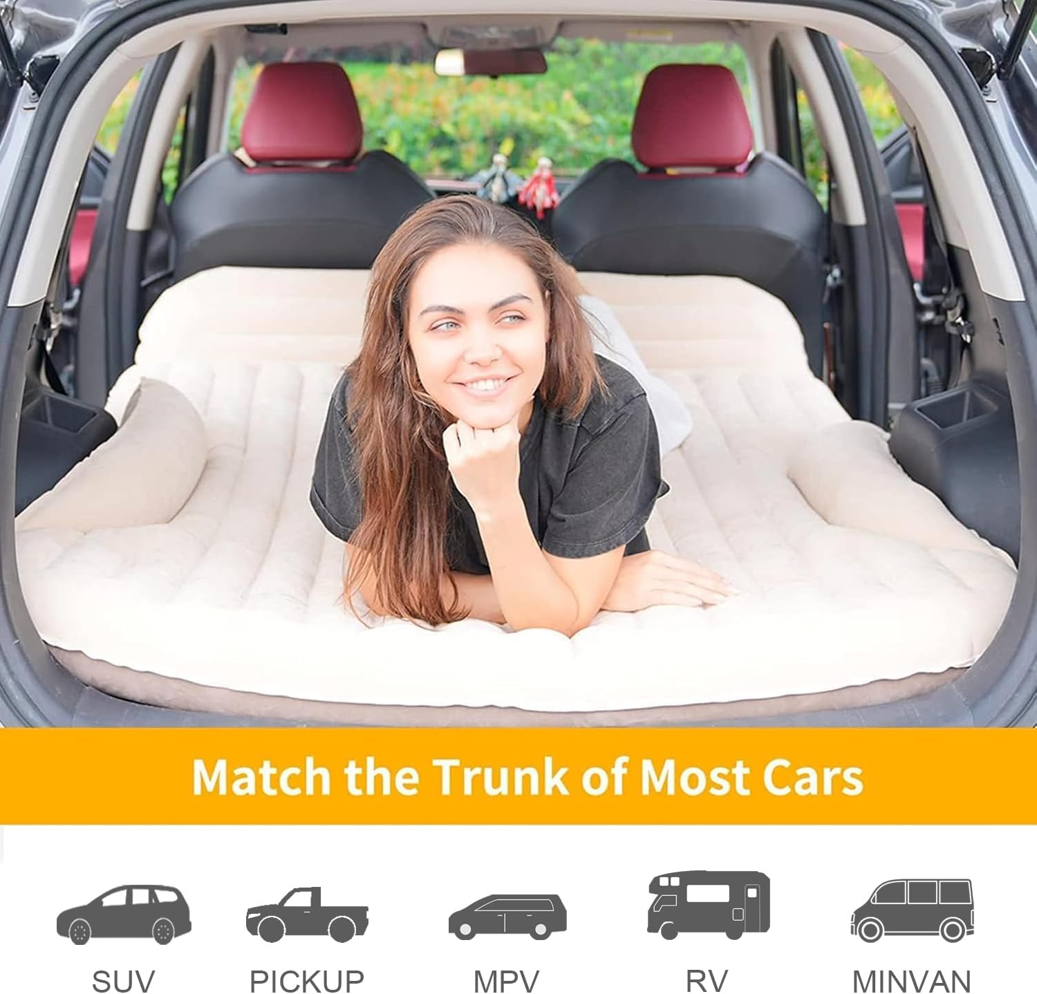 KMZ SUV Air Mattress Thickened and Double-Sided Flocking Travel Camping Bed with 2 Pillows & Pump Dedicated Mobile Cushion Inflatable Bed for SUV Trunk and Rear Seat (Beige and Coffee)