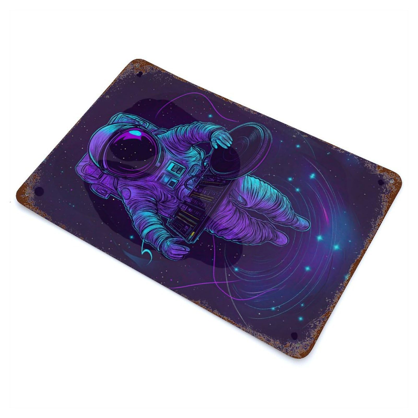 Weathered Tin Sign with Astronaut DJ in Space Design 11.8"x7.9", for Basement, Hobby Room And Garage Decor, Industrial Home Decor