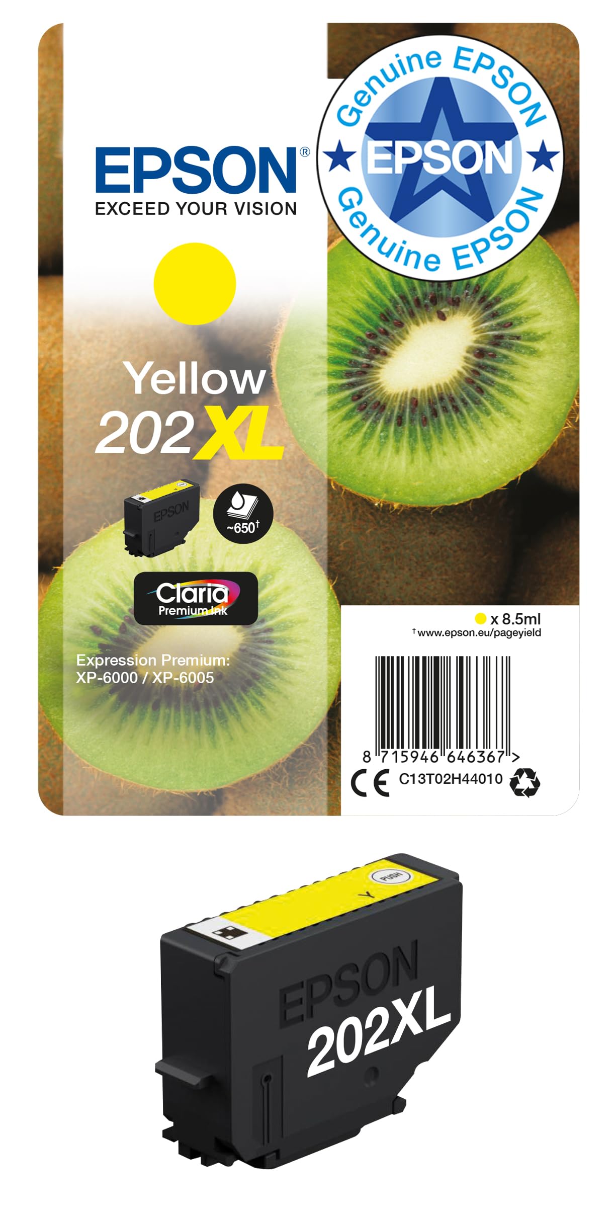 Genuine Epson 202XL, Kiwi Yellow Ink Cartridge, T02H4, C13T02H44010 (Vacuum Sea