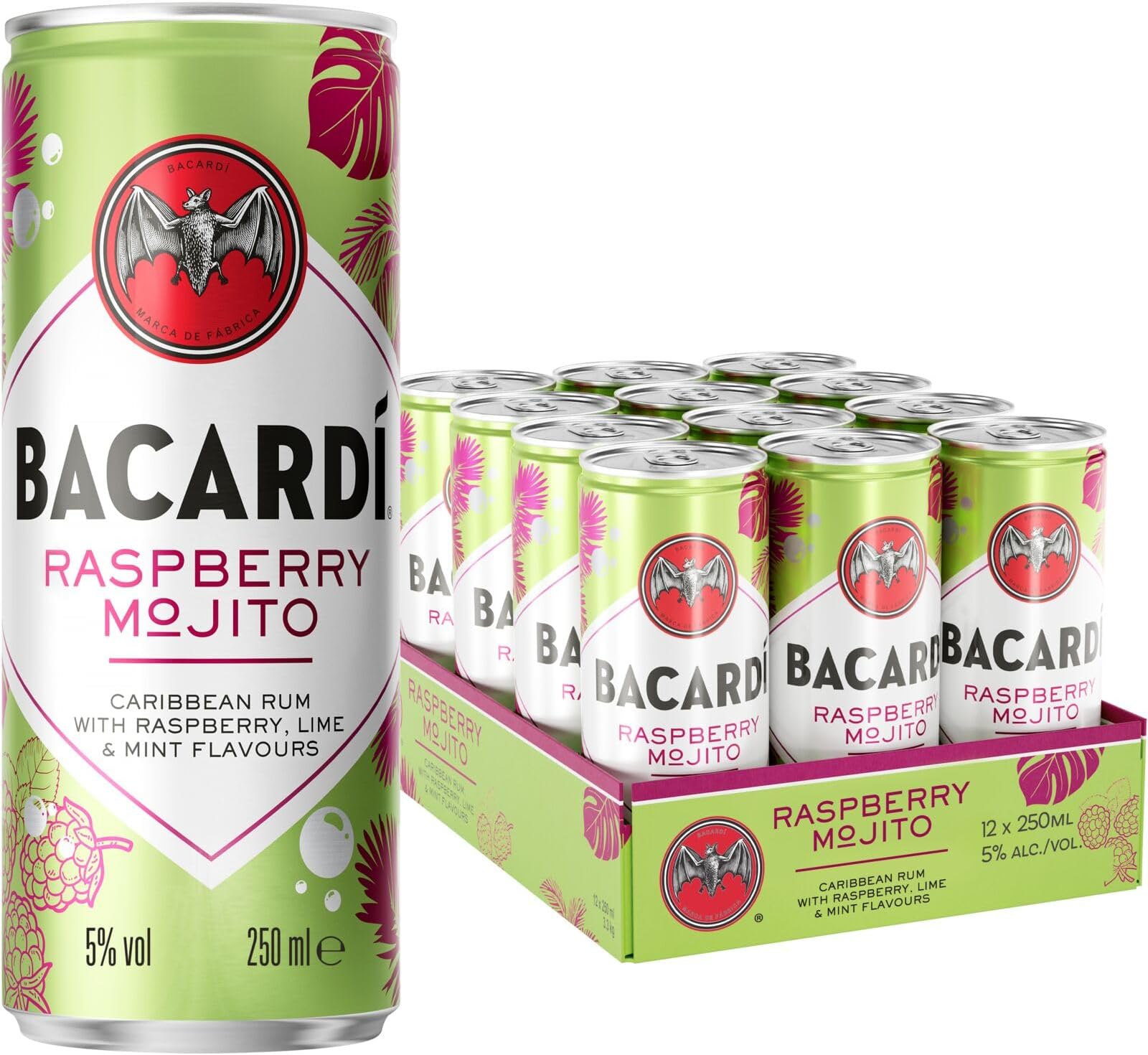 BACARDÍ Raspberry Mojito, 5% ABV, 12 x 25cl / 250ml, Ready-To-Drink Pre-Mixed Cocktail Can, Made with BACARDÍ Carta Blanca Rum and Mixed with Lime, Mint and Raspberry
