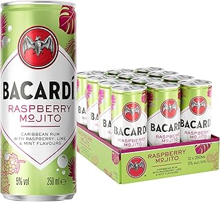 BACARDÍ Raspberry Mojito, Ready-To-Drink and Pre-Mixed Cocktail in a Stylish Can, Made with BACARDÍ Carta Blanca Rum and Mixed with Raspberries, Mint and Lime, 5% ABV, 25cl / 250ml