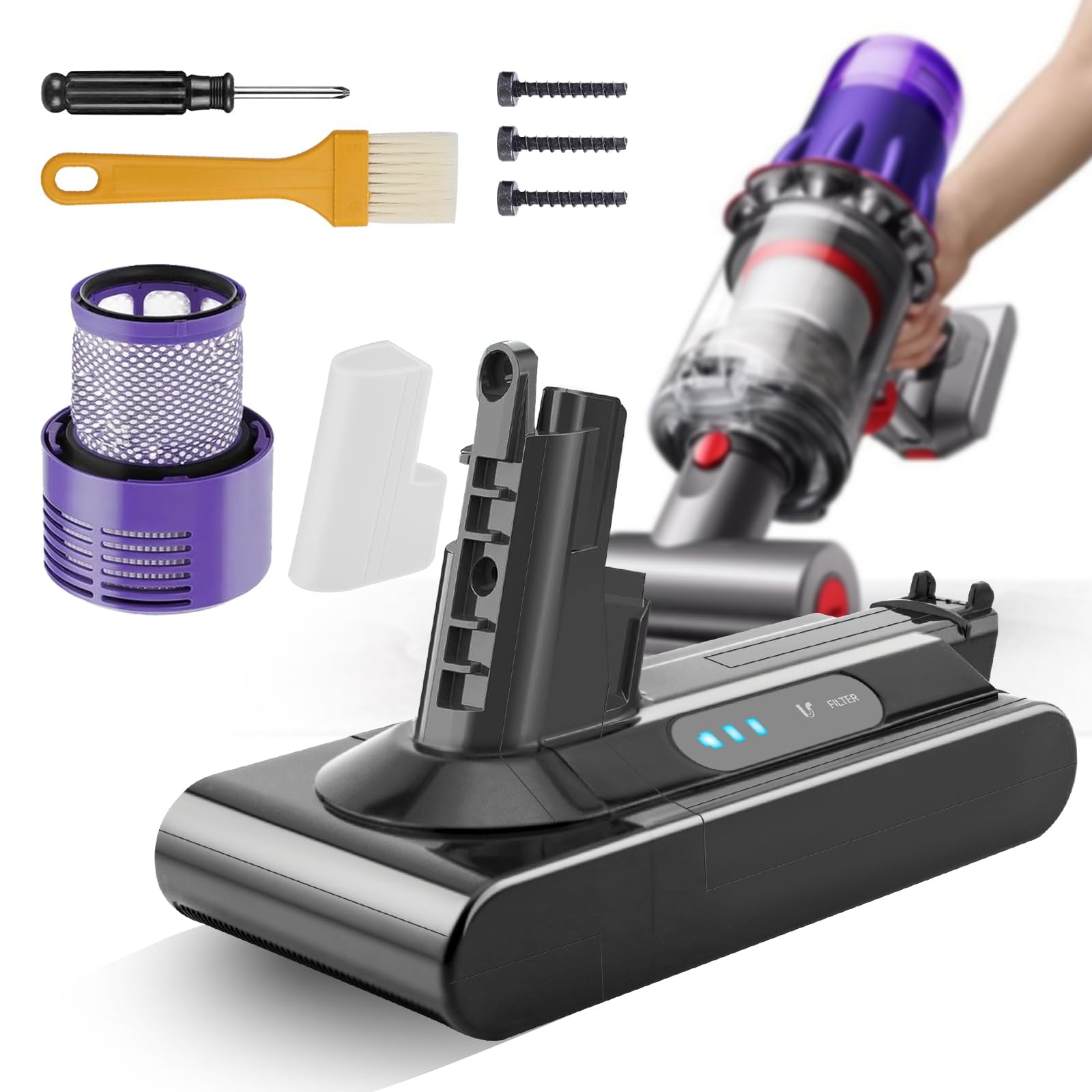 7200 mAh, akumulator do Dyson V10 Cyclone/Animal/Absolute/Fluffy/Motorhead SV12, bezprzewodowa ładowarka, odkurzacz ręczny, akumulator zastępczy o dużej pojemności (1 filtr pocztowy)