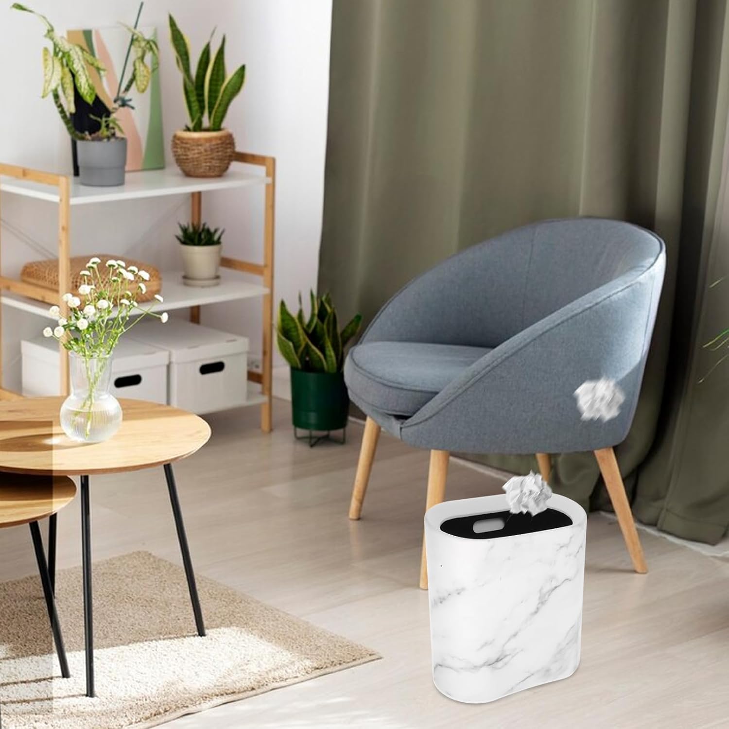 Marble Corner Trash Bin White Compact Kitchen Bathroom Wastebasket Home Rubbish Can for Bedroom Office Storage