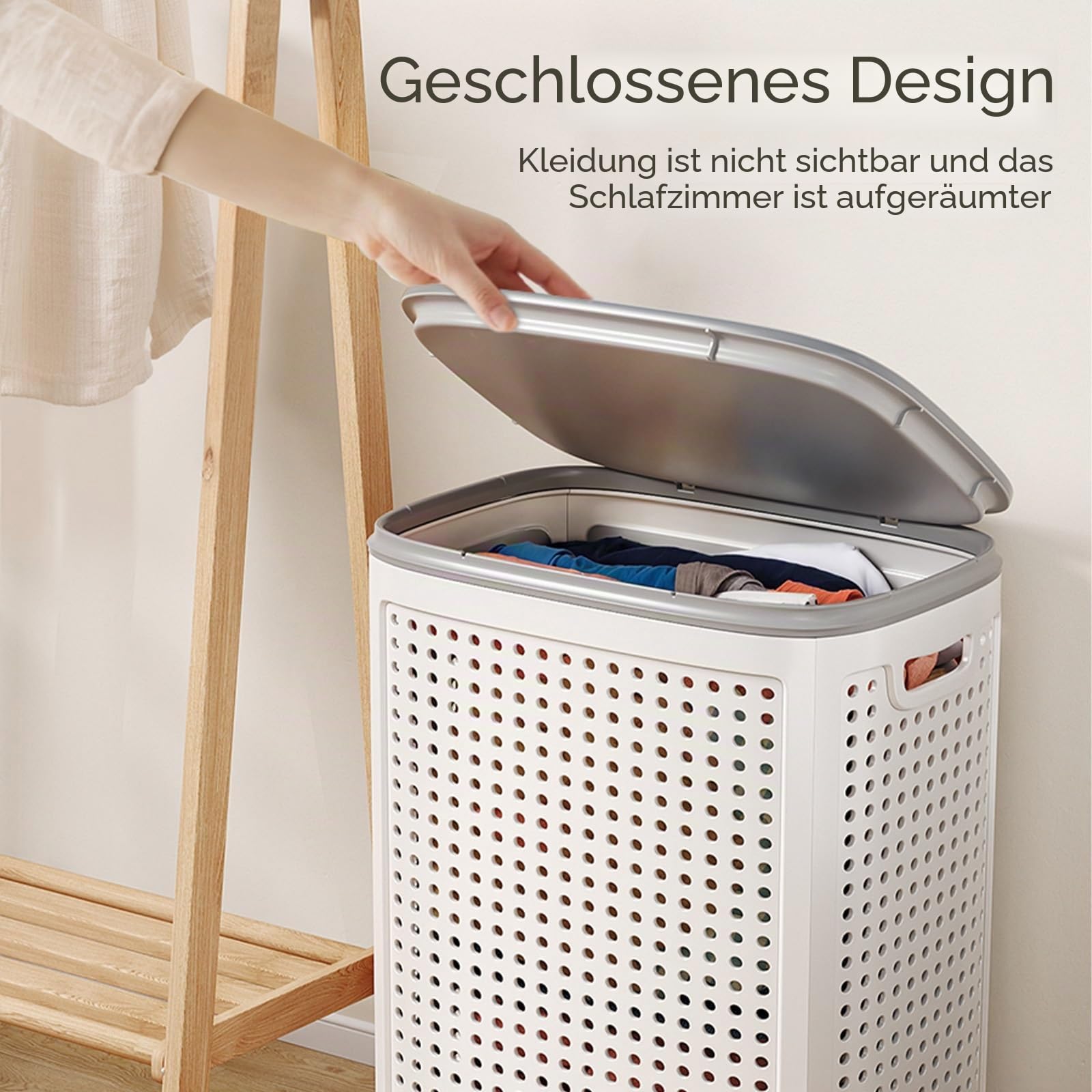 Wäschesammler mit Deckel, Wäschekorb Plastik mit Rädern, Wäschebox im Hohles Design, Waschkorb mit Praktischen Tragegriffen(Large)