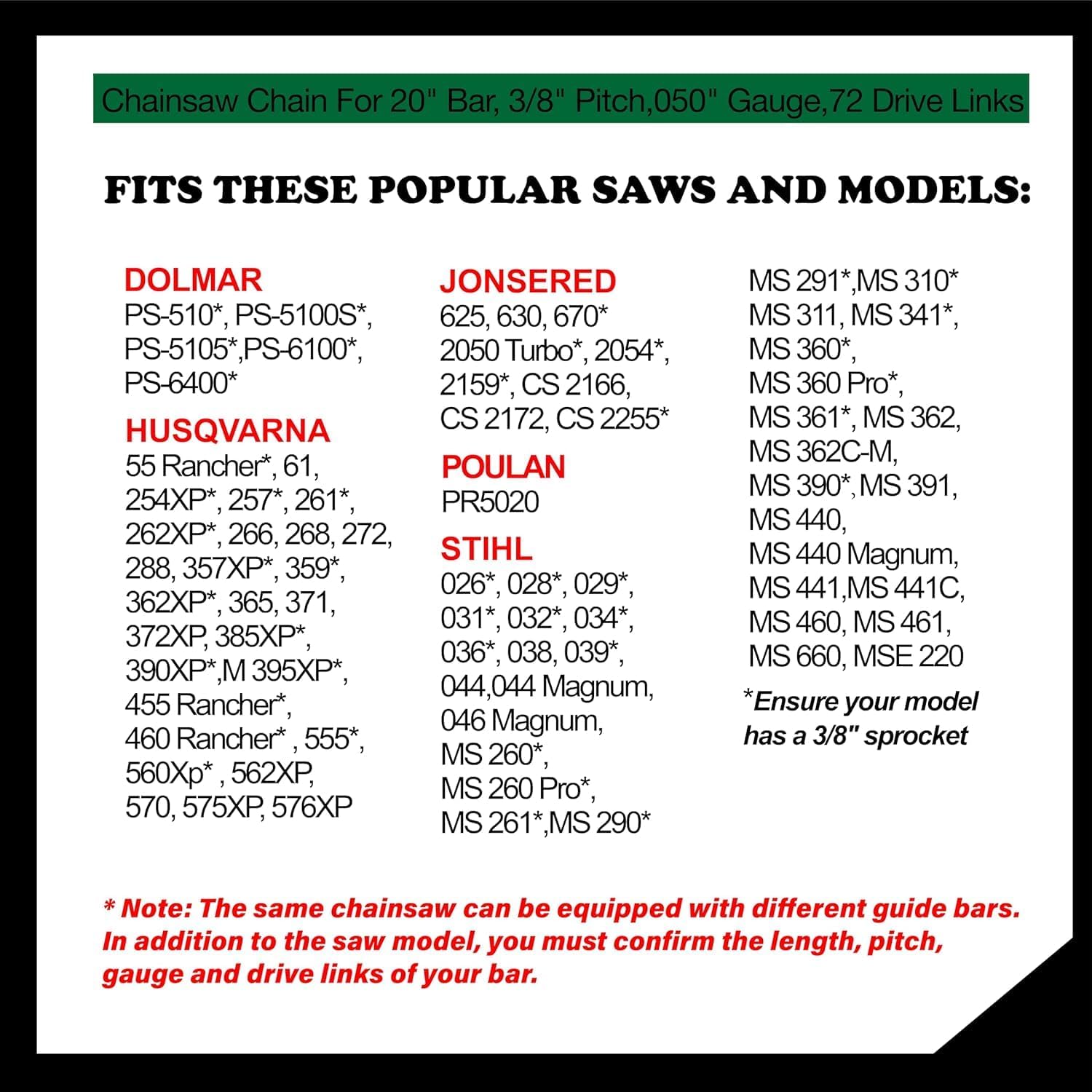 20 Inch Stihl Chainsaw Chain For Stihl MS 029 036 039 391 310 311, Husqvarma 455 Rancher 460 55 257 261 359 362XP 272xp, 555455, H80- E72, 33RS72 (72MLPX72)