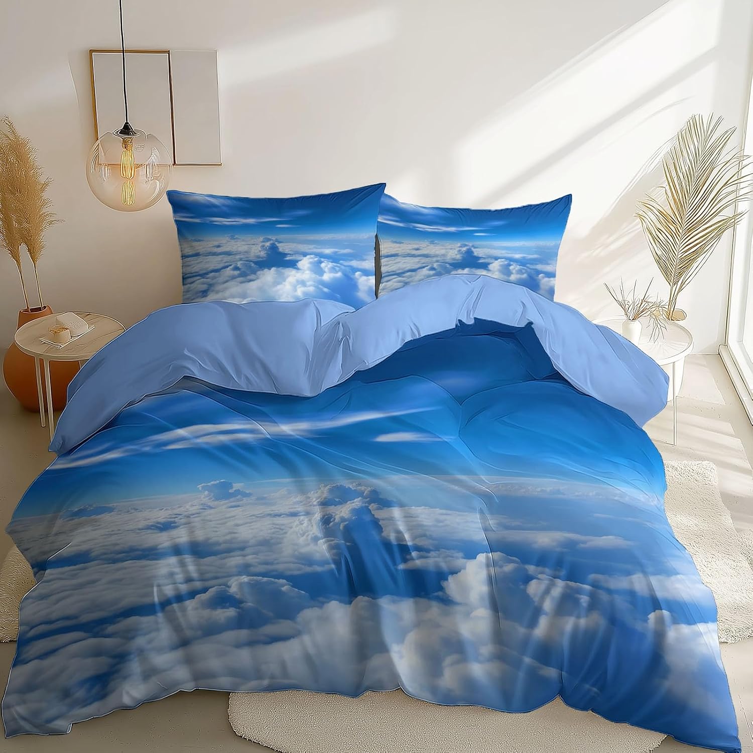 3PCS Blue Duvet Cover Set, Nature Blue Sky and White Clouds Pattern Bedding with Zipper Closure, Duvet Cover Full Size Print for Girls Kids and Teens Home Décor