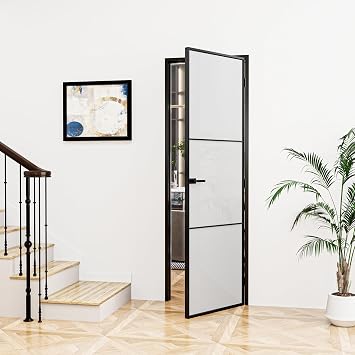 28 in x 80 in 3-Lite Frosted Glass Aluminun Interior Door Slab with Prehung Aluminun Jamb and Lockset, Left Handed, Black Door Interior, Metal Swing Doors