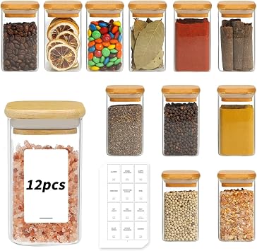 DYUEE 12 Pcs Glass Spice Jars with Wood Lids, 250ml/8oz Square Glass Storage Jars with White Lables and Pen, Airtight Glass Container for Spice, Salt, Sugar, Seeds, Nuts