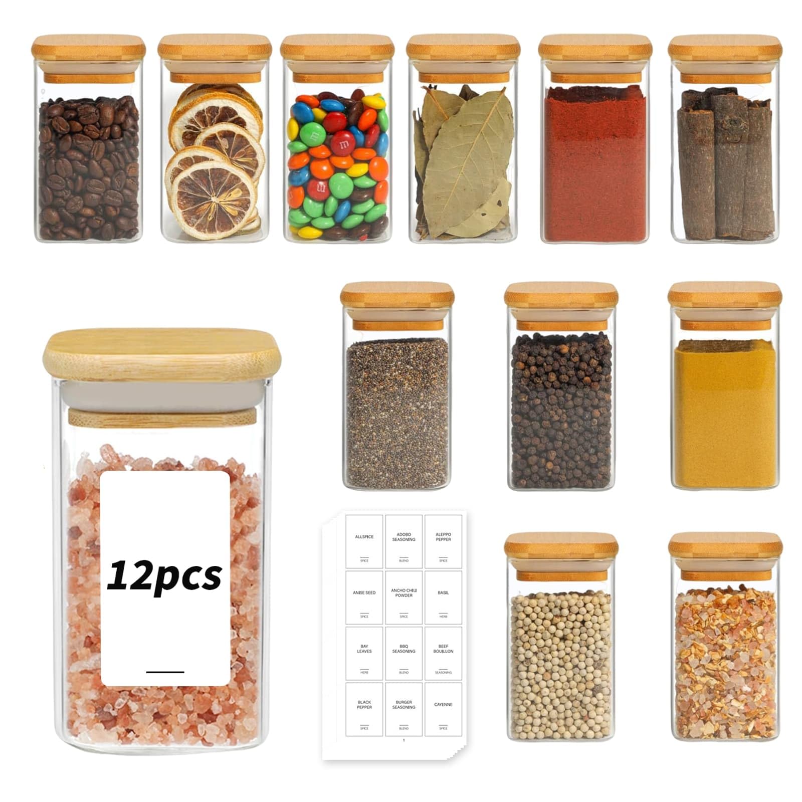 DYUEE Lot de 12 pots à épices en verre avec couvercles en bois, 250 ml - Bocaux de rangement carrés en verre avec étiquettes blanches et stylo - Récipient hermétique en verre pour épices, sel, sucre