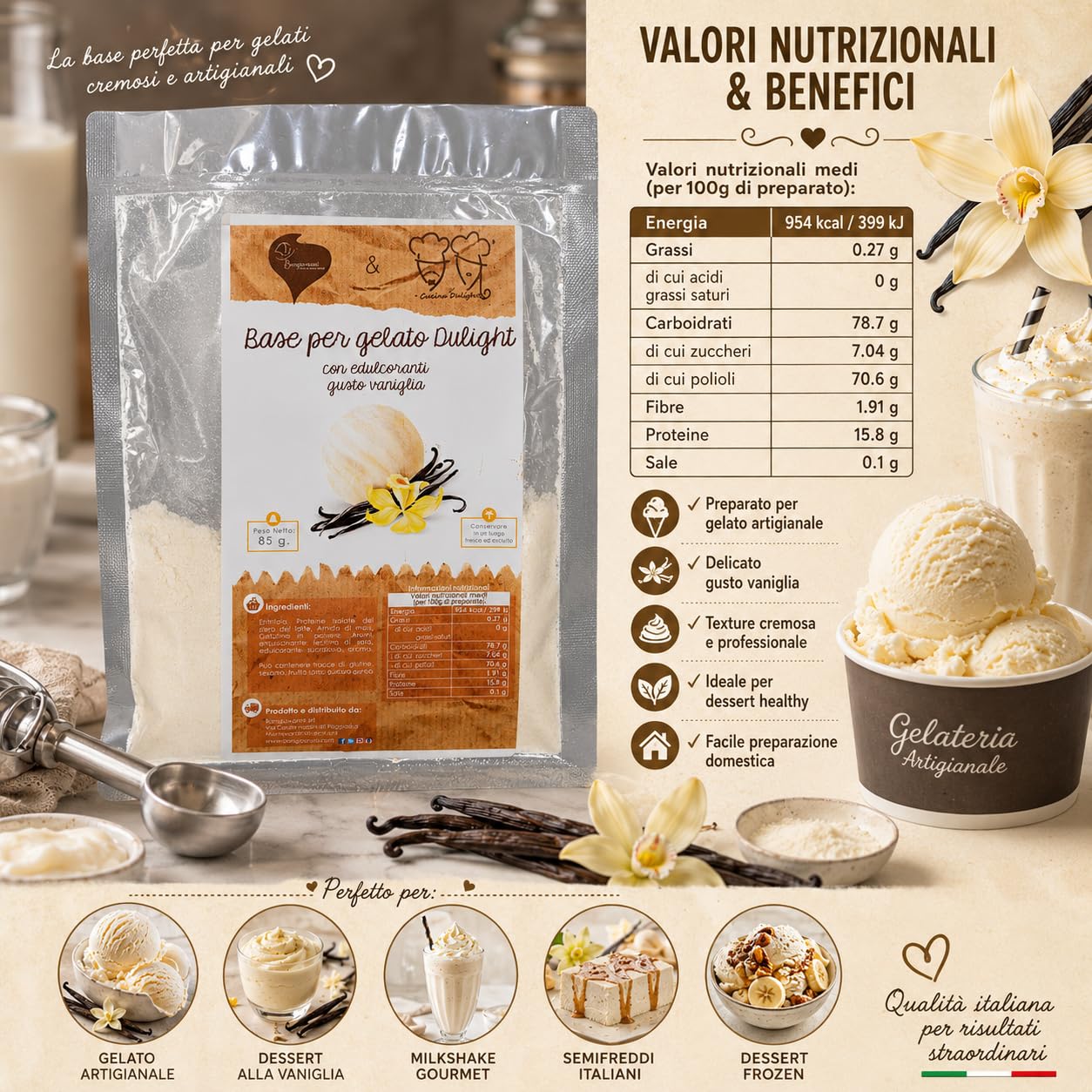 BONGIOVANNI Bontà Naturali Glace Dulight Gelato – Mélange en Poudre avec Édulcorants 85 g