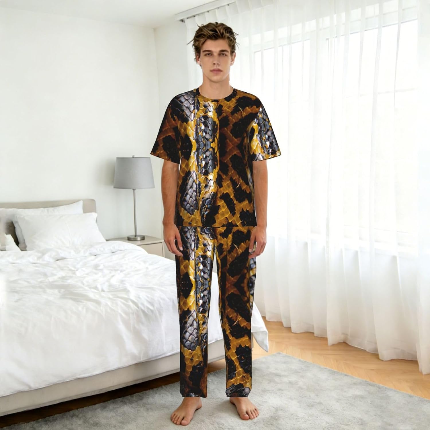 Men'S 2 Piece Loungewear Pajama Set Yellow Snake Print Short Sleeve Tee Top And Pants Set S-3xl