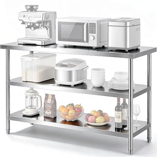 VEVOR Stainless Steel Food Prep Table, 18 x 48 x 34 Inch Commercial Kitchen Worktable, with 2 Adjustable Undershelf, Heavy Duty Prep Tables Metal Work Table for BBQ, Kitchen, Home, and Garage