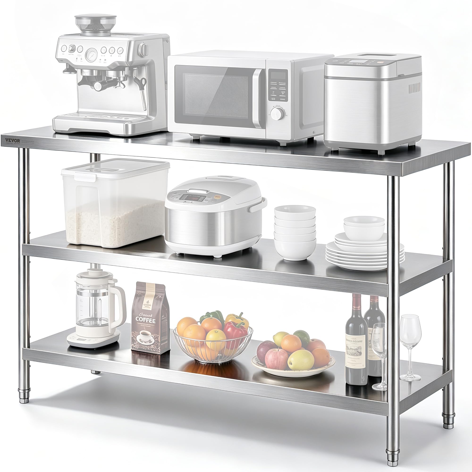 VEVOR Stainless Steel Food Prep Table, 18 x 48 x 34 Inch Commercial Kitchen Worktable, with 2 Adjustable Undershelf, Heavy Duty Prep Tables Metal Work Table for BBQ, Kitchen, Home, and Garage