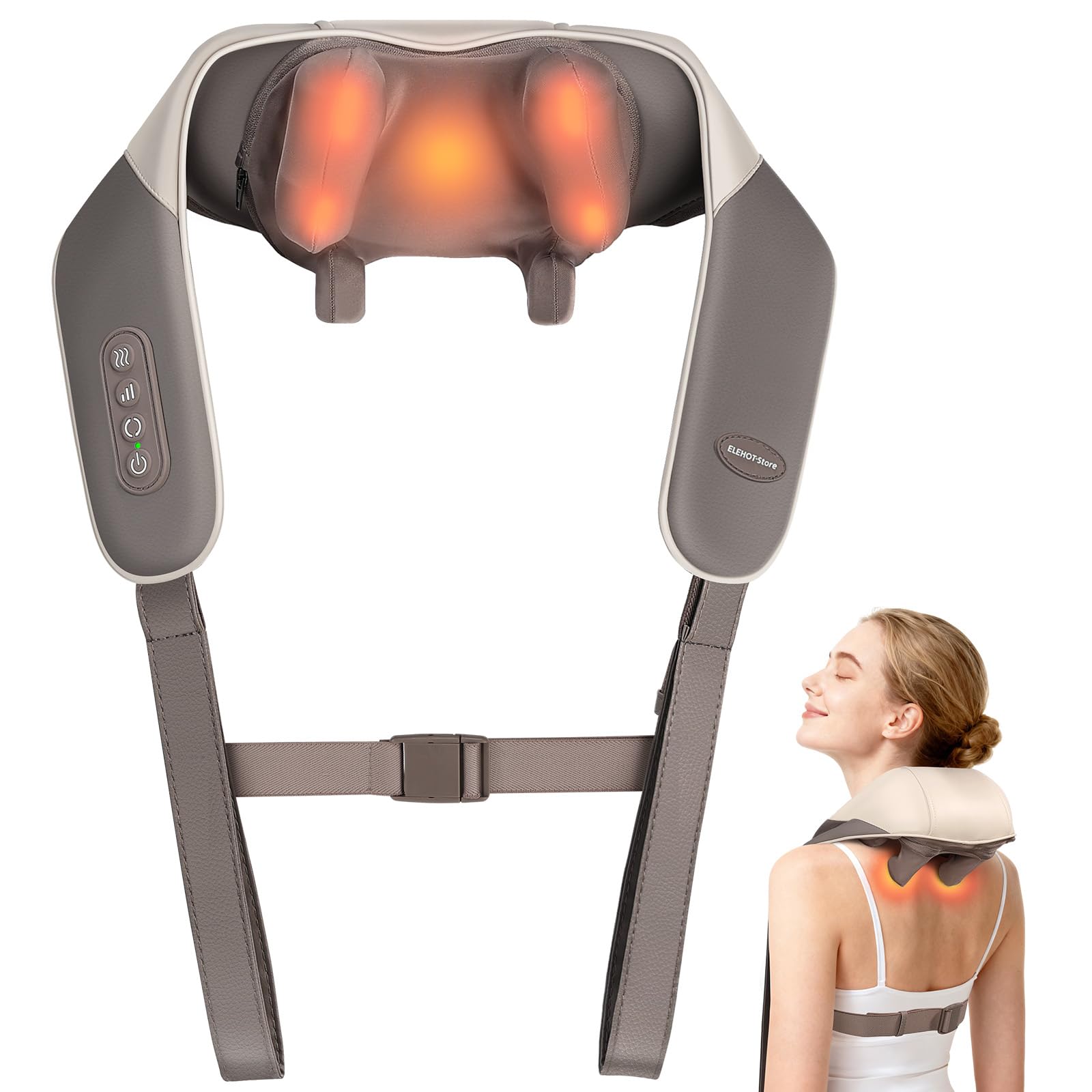 ELEHOT-Store Masajeador de Cuello Shiatsu, Inalámbrico 2600mAh con Calor 2 Niveles y Tecnología 4D - Para Aliviar Dolor Cervical, Hombros y Espalda - Masaje Profesional 130 Min Autonomía