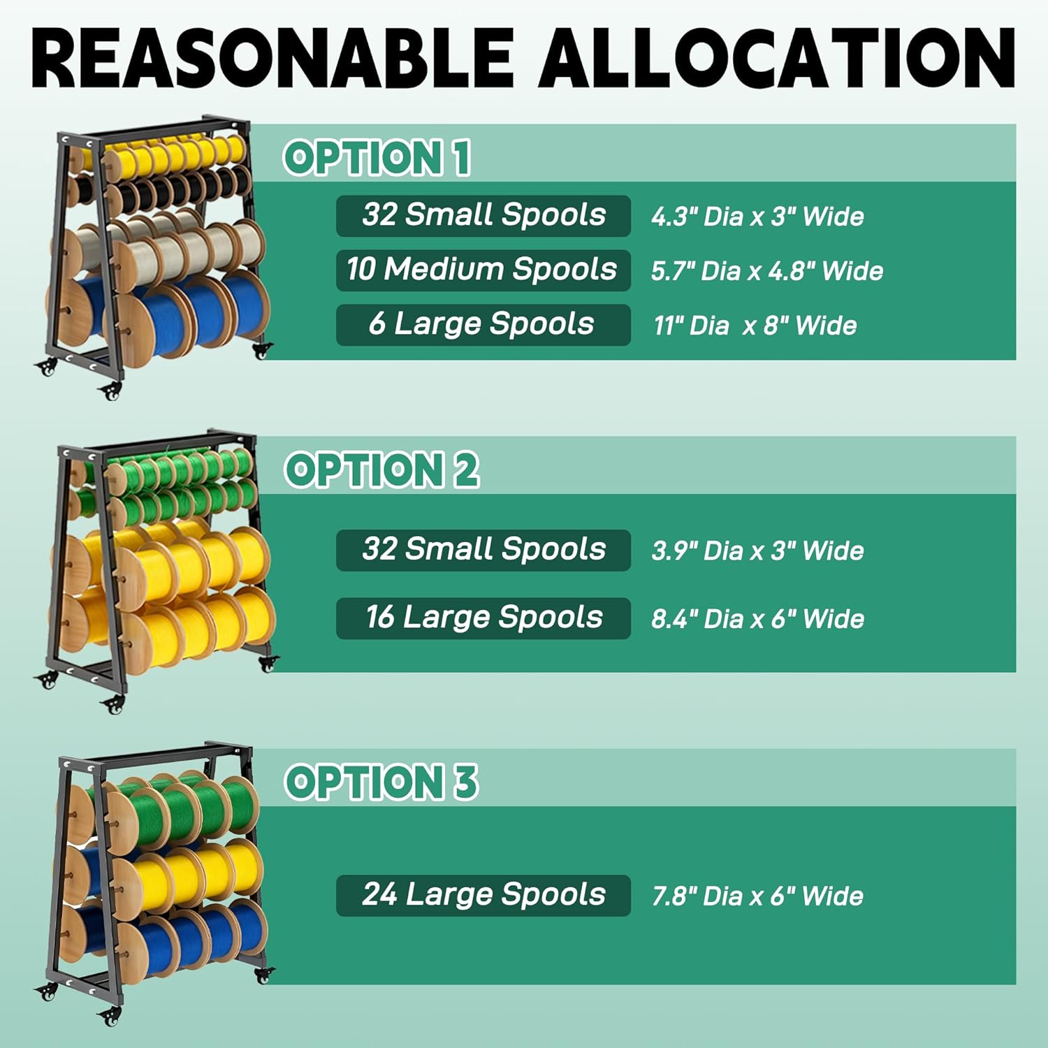 Wire Spool Rack, Cable Organizer and Reel with Locking Wheels,Equipped with an adjustable spindle rod, For Electrical and Industrial Use, Holds up to 12 spool rods, 400 pound weight capacity