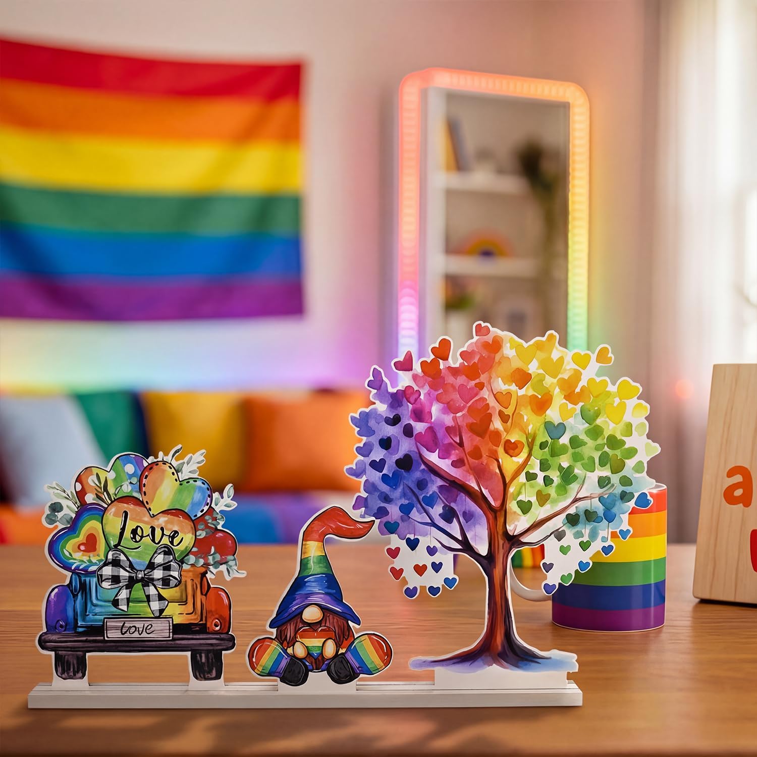 Smile Pride Month Wooden Tabletop Decor Rainbow Heart Tree, Love Truck & Gnome Desktop Plaques with Stands LGBTQ+ Indoor Home & Office Decor Gay Pride Gift image 3