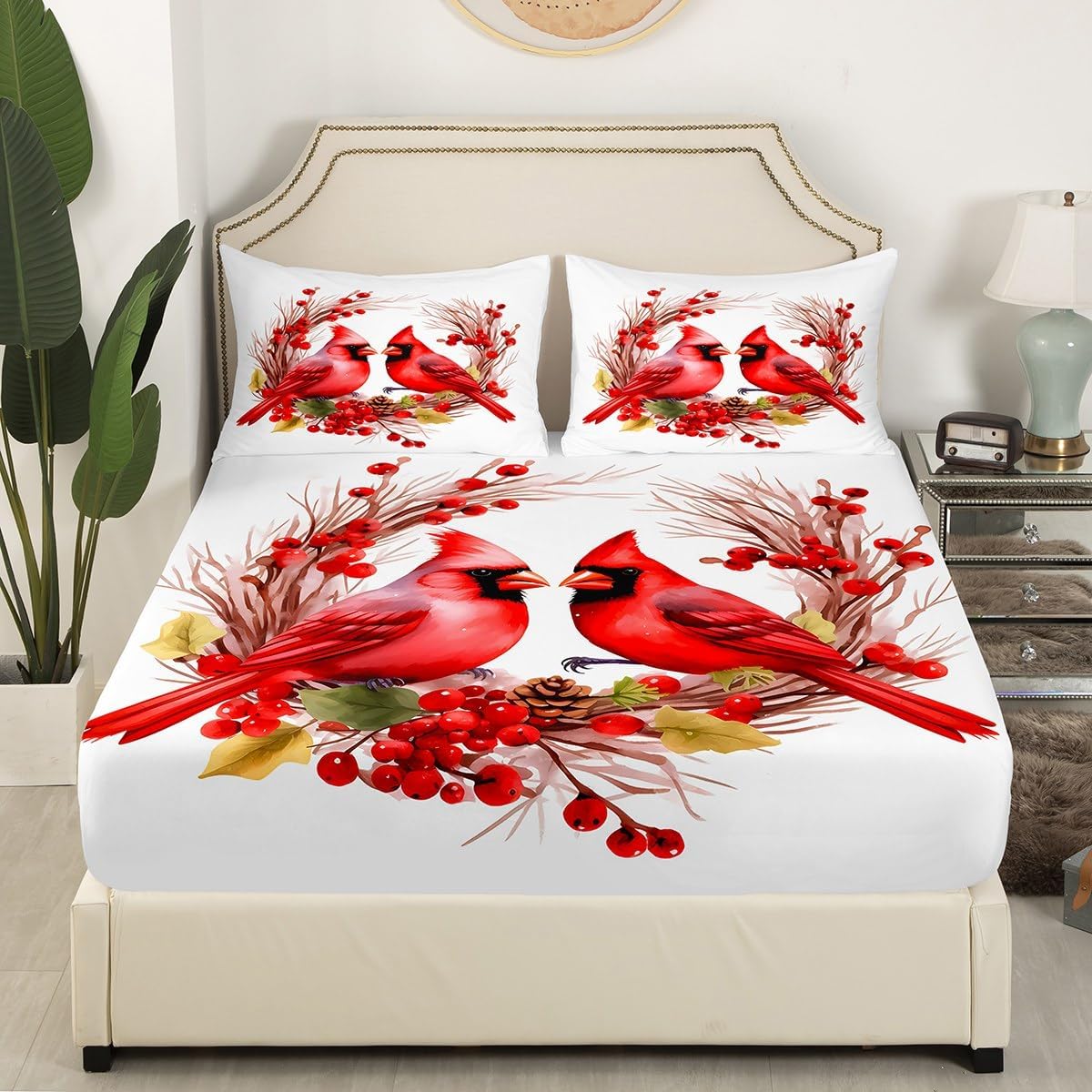 jejeloiu Red Cardinals Sheet Set Queen Size, Kids Pine Cones Sheets with Deep Pocket Fitted Sheet for Boys Girls Teens Cute Birds Bed Sheets Set Romantic Love Bedding Set Room Decorations Bed Set