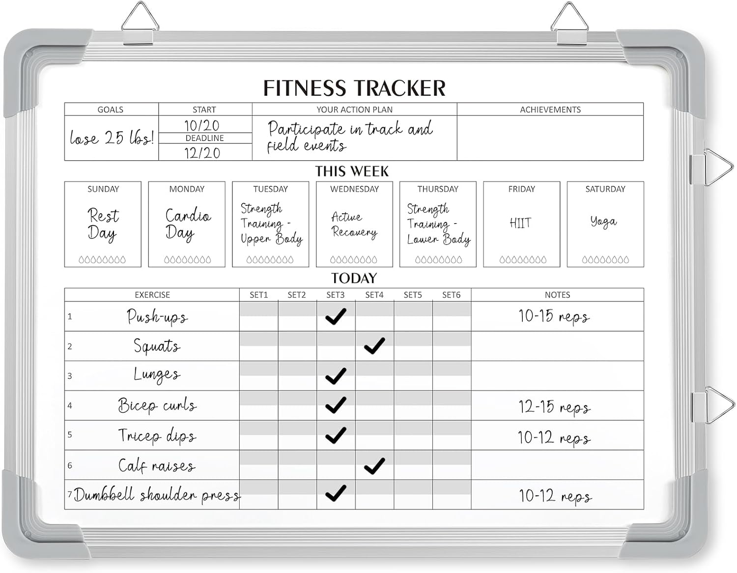 Lincia 16 x 12 Inch Fitness Tracker Whiteboard Workout Calendar for Home Gym Dry Erase Planner Hanging Removable to Do List for Wall Whiteboard with Aluminum Frame for Gym Program Christmas(Style A)