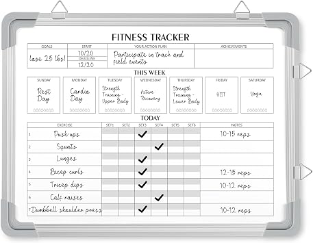 Lincia 16 x 12 Inch Fitness Tracker Whiteboard Workout Calendar for Home Gym Dry Erase Planner Hanging Removable to Do List for Wall Whiteboard with Aluminum Frame for Gym ProgramStyle A