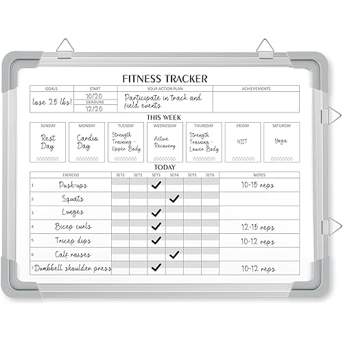 Lincia 16 x 12 Inch Fitness Tracker Whiteboard Workout Calendar for Home Gym Dry Erase Planner Hanging Removable to Do List for Wall Whiteboard with Aluminum Frame for Gym Program(Style A)