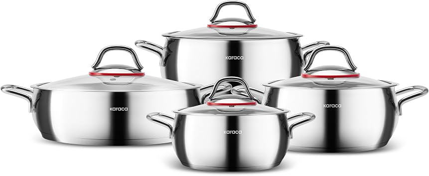 Karaca Emirgan 8-Piece Stainless Steel Cookware Set, Induction Compatible Pots & Pans, Durable 18/10 Steel, Glass Lids, Even Heat Distribution, Silver/Red