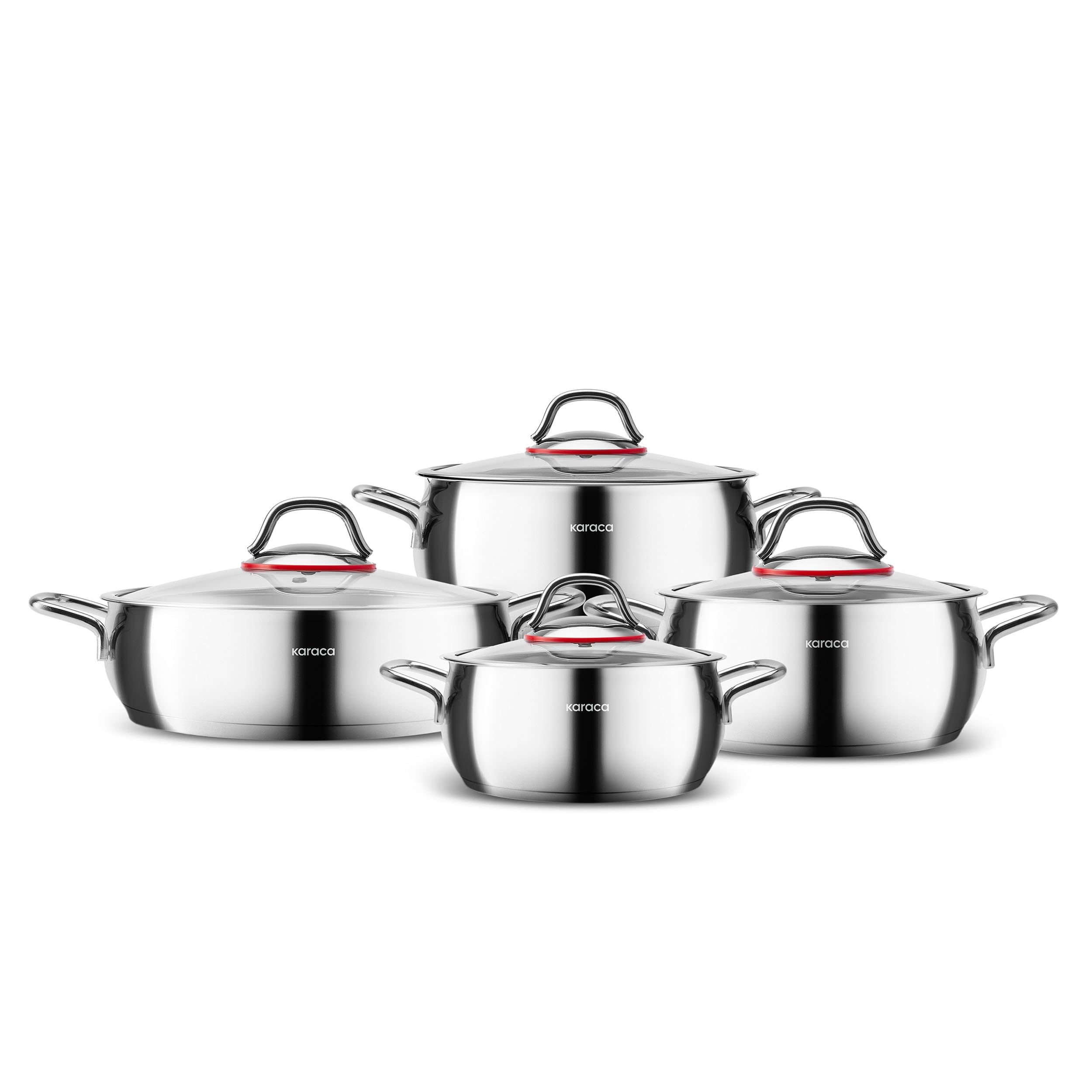 Karaca Emirgan 8-Piece Stainless Steel Pots Set - Induction Hob Cookware Kitchen Set w/ 4 Cooking Pots with 4 Glass Lids, PFOA Free, Dishwasher-Safe