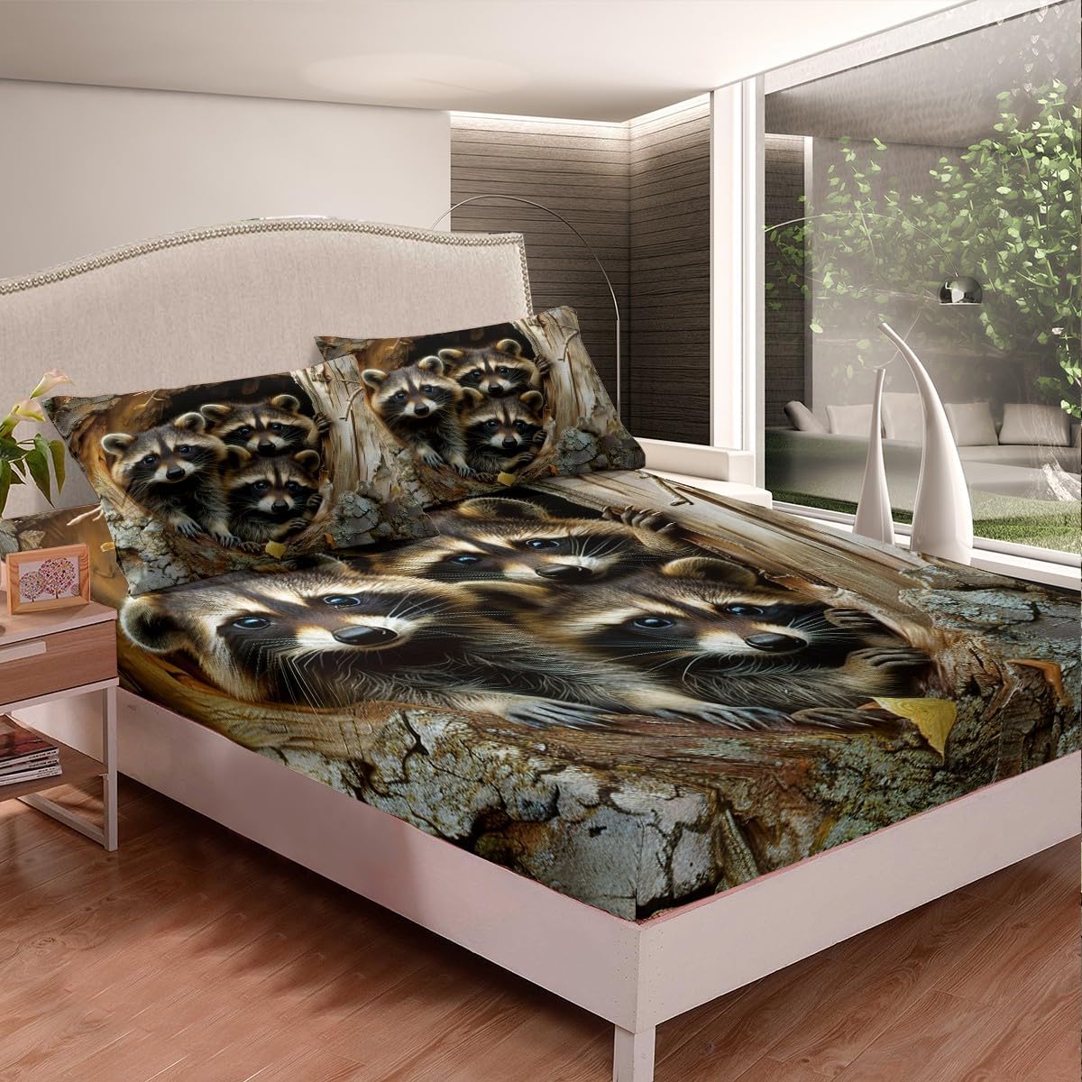 Raccoon Sheet Set Queen Size Raccoon Bed Sheets Set for Kids Boys Girls Possum Gifts Bedding Set Raccoon Stuffed Animal Family Bed Set (Flat Sheet + Deep Pocket Fitted Sheet + Pillow Case) Bedroom