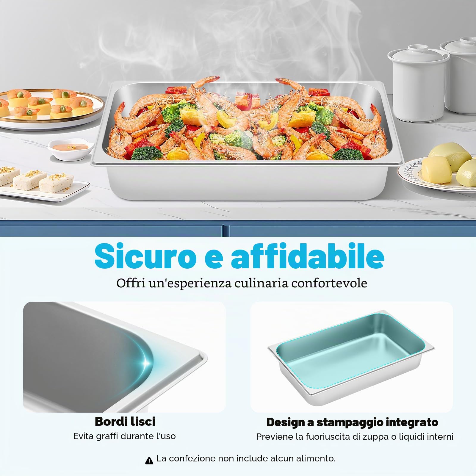 Contenitori per gastronorm, 4 pezzi, contenitori per alimenti con coperchio, 9 litri, in acciaio inox, contenitore per alimenti, torte, hotel, tavolo