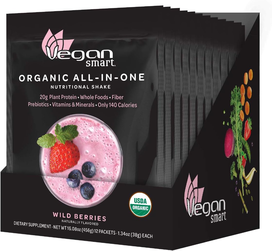 Vegansmart Plant Based Organic Protein Powder, All-in-One Nutritional Shake, Wild Berries, 12 Single Serve Packets