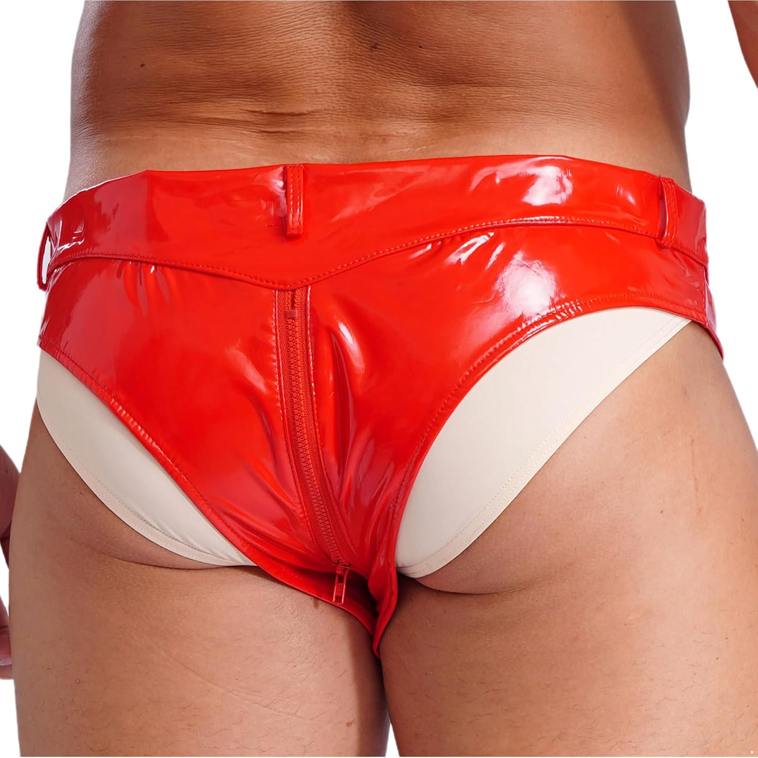 Men's Patent Leather Low Waist Booty Shorts Underwear Zipper Crotch Latex Hipster Panties