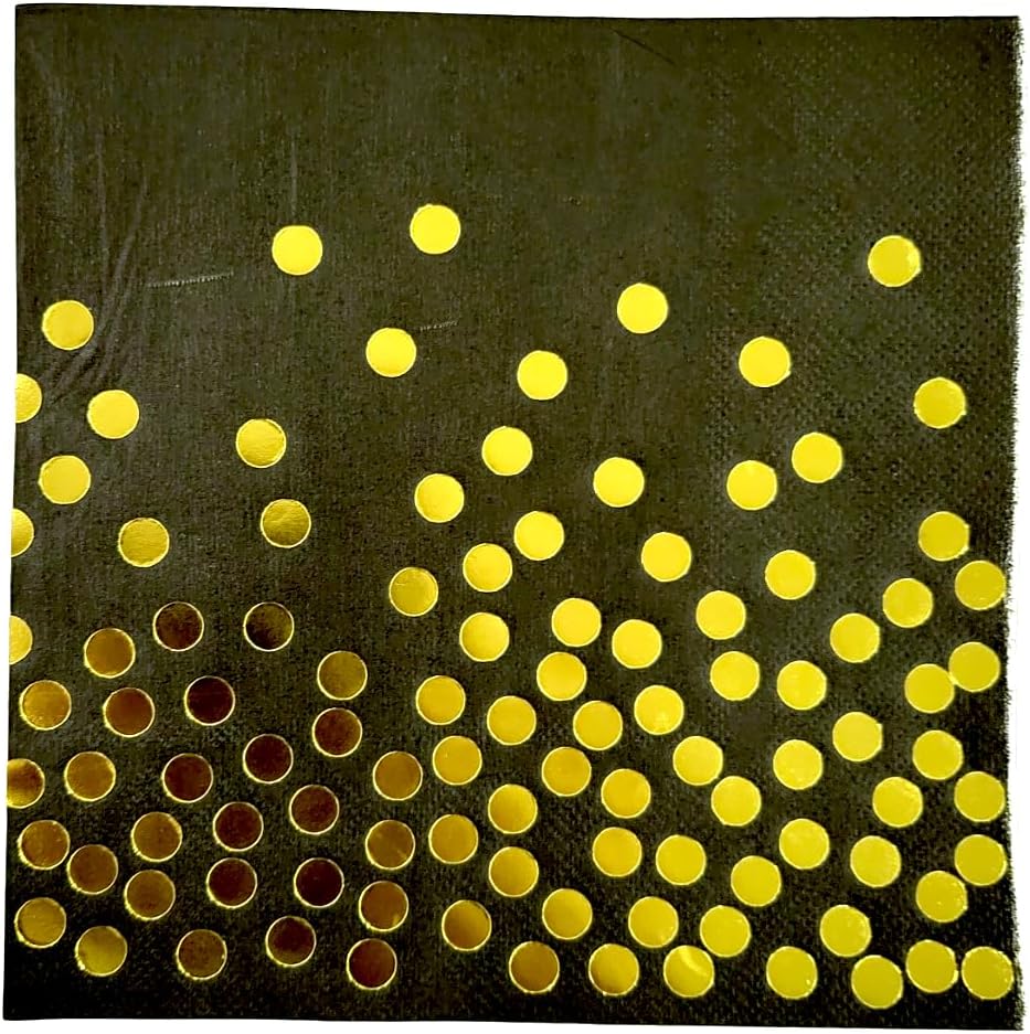 Overstock Black With Golden Polka Dots 2Ply Paper Napkins for Cocktails, Brirthdays and Christmas parties | Pack of 50