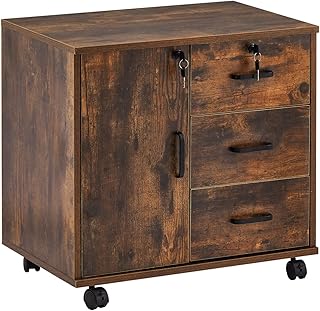 Rollcontainer Aktenschrank aus Holz, Abschließbar Büroschrank mit 3 Schubladen und Tür, Vertikale Büro-Aktenschränke mit Rollen für Büro Arbeitszimmer Wohnzimmer, 40×60×57 cm, braun