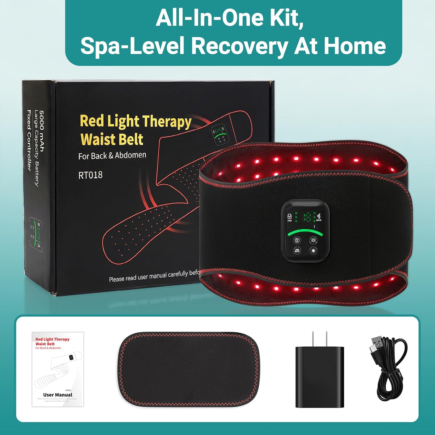 Red Light Therapy Belt for Back & Abdomen, 5000mAh Cordless Infrared Waist Wrap, 10Hz/40Hz Pulse, 3 Red Light & Vibration Modes, Muscle Recovery, Circulation Support, Post-Workout & Office Use