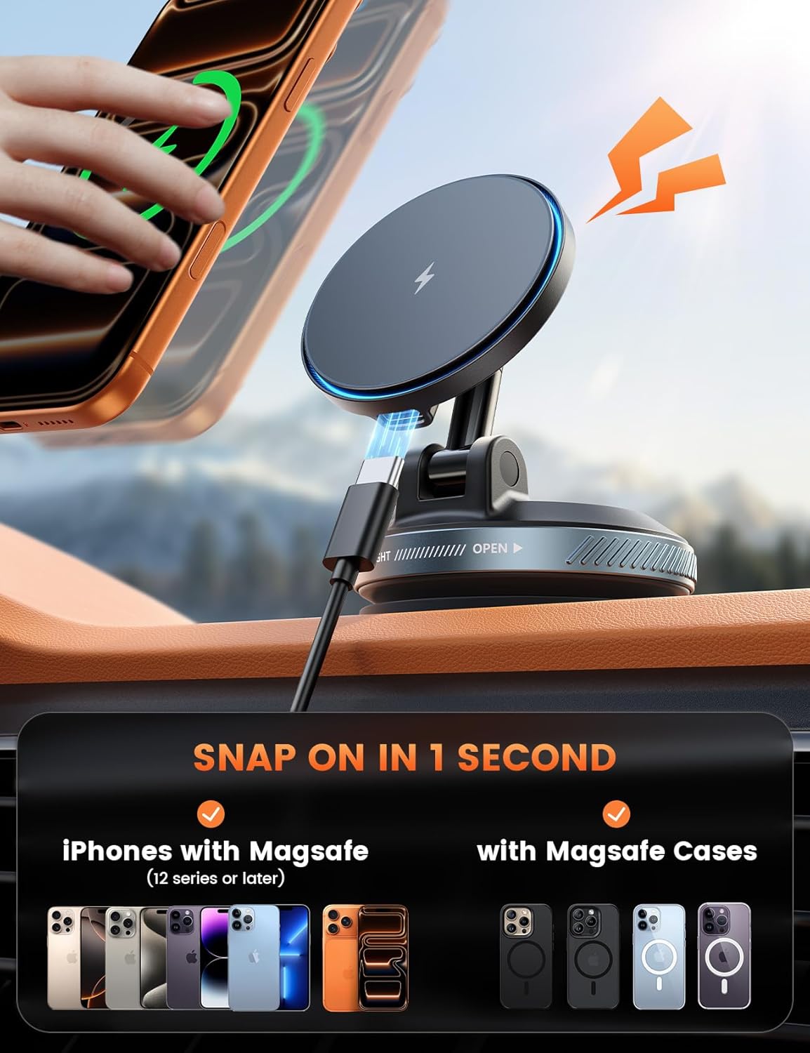 Lamicall 15W for MagSafe Car Mount Charger - Dual USB-C Ports, Magnetic Wireless Car Charger, Suction Cup Phone Mount, Vacuum Magnetic Phone Holder for Truck Jeep for iPhone 17 Pro Max 16 15 14 Black