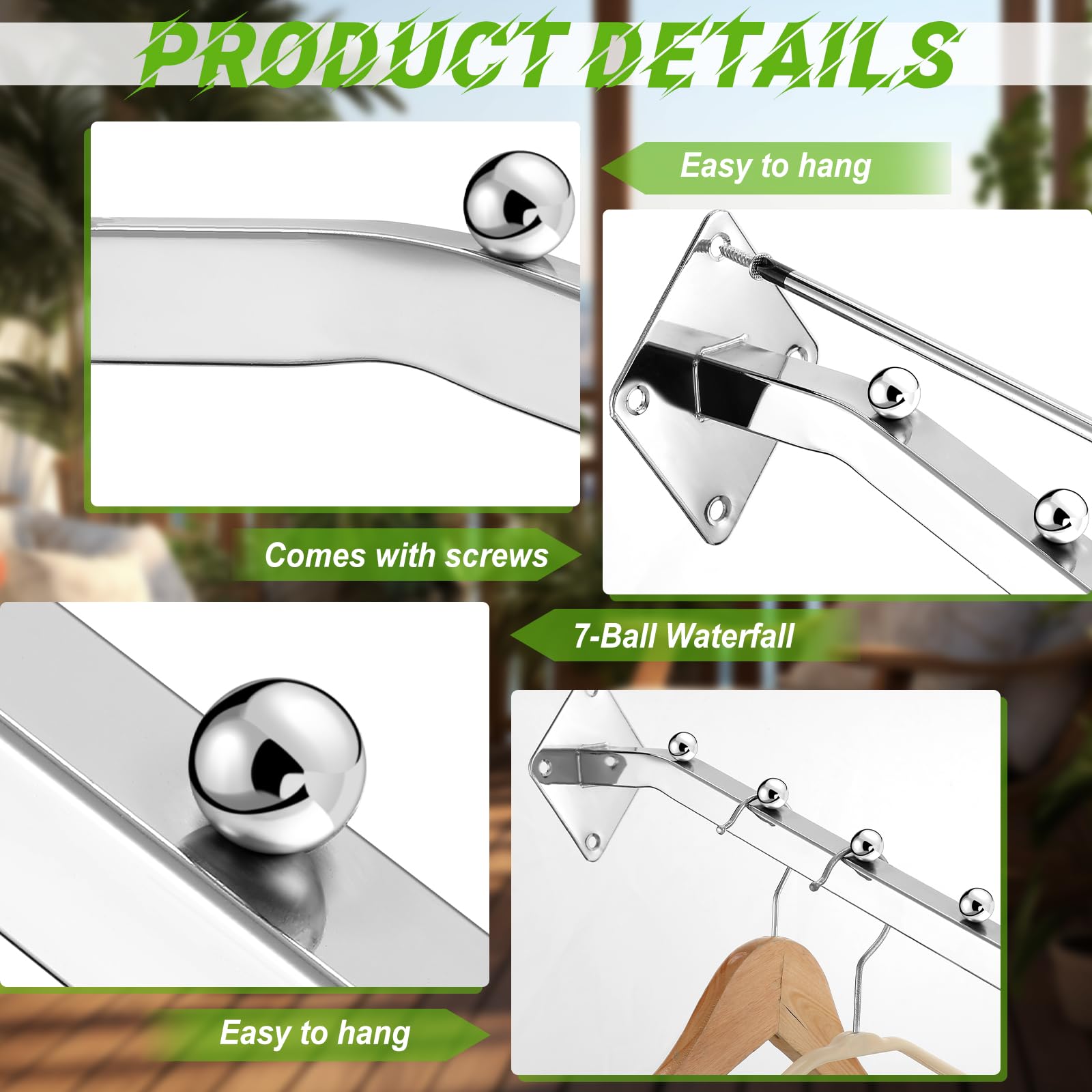 Vesici 10 ganchos de cascada de 7 bolas de 18 pulgadas para montaje en pared, perchero de ropa resistente, ganchos montados en la pared para baño, dormitorio, lavandería, exhibición de ropa