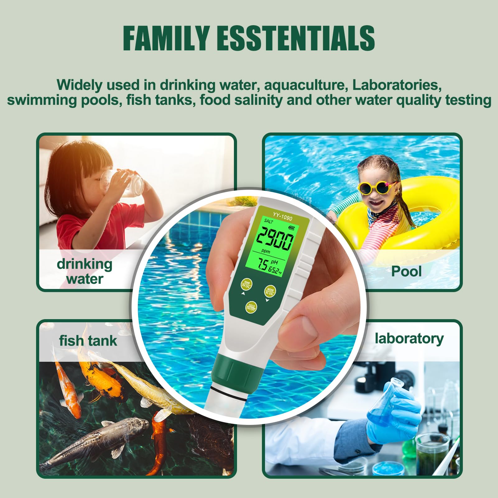 Misuratore PH 5 in 1, PH EC TDS Salinità Temperatura Meter con Innovativo Display Simultaneo Tre Dati, IP67 Impermeabile Tester Salinità PH per Piscina, Acqua Potabile, acquari, idroponia