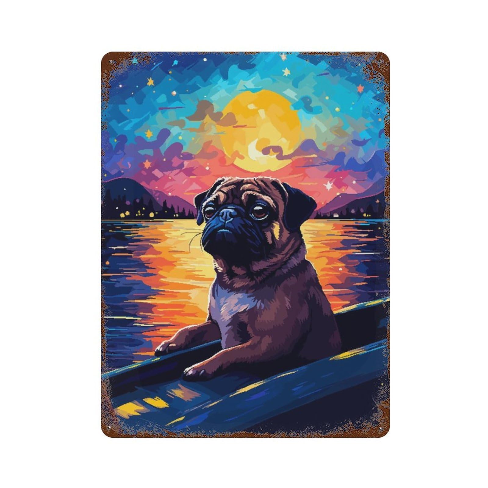 Pug Boat Synth Pixel Art Retro Metal Sign 15.7"x11.8", Vintage Wall Decor for Garage, Pub Or Kitchen
