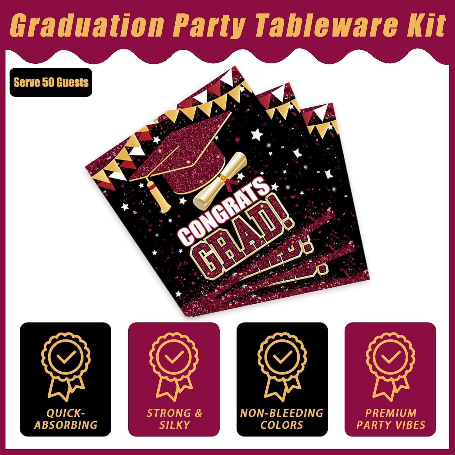 Kepeel 200Pcs 2026 Graduation Party Tableware Set, Maroon Gold Class of 2026 Party Decorations Supplies for Boys Girls Congratulate Graduation Disposable Paper Plates Napkins Forks Favors, Serve 50