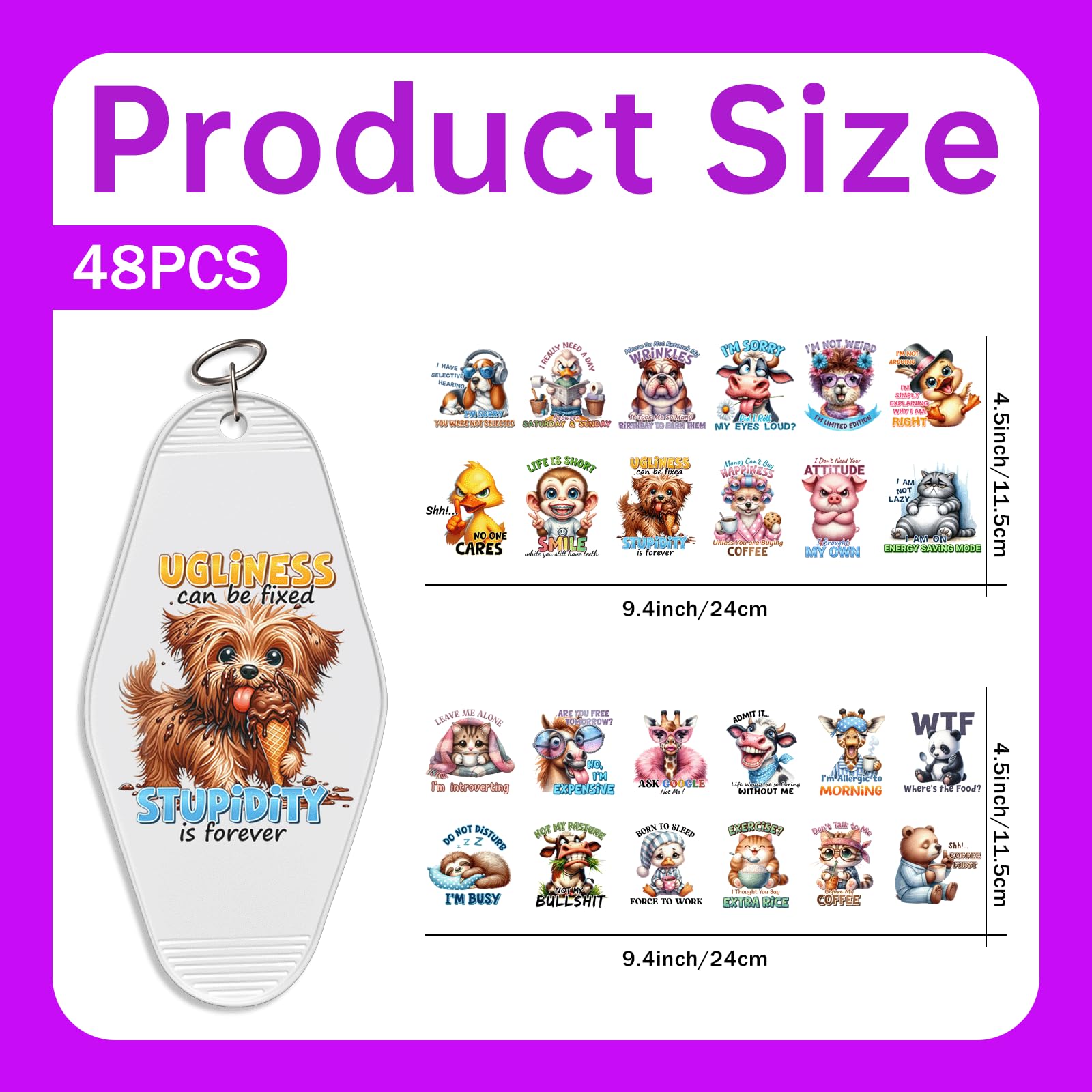 CHNVICK 48PCS UV DTF Keychain Transfer, Satire UV DTF wrap with Bright Colors and Beautiful Design for Keychain, Laptop, Greeting Card Decoration