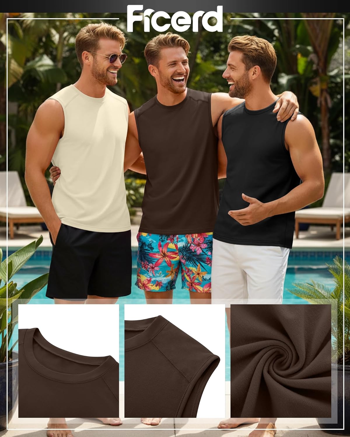 Ficerd 3 Pack Men's Sleeveless Tank Tops, Crewneck Casual Summer Tee Beach T Shirt Workout Run Gym Muscle Shirt
