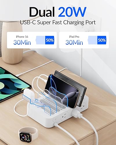 Miniatura 3 de SooPii Estación de carga de 60 W para múltiples dispositivos, base de carga USB C de 6 puertos con 3 salidas de CA, 3 USB C, 3USB A, cable de