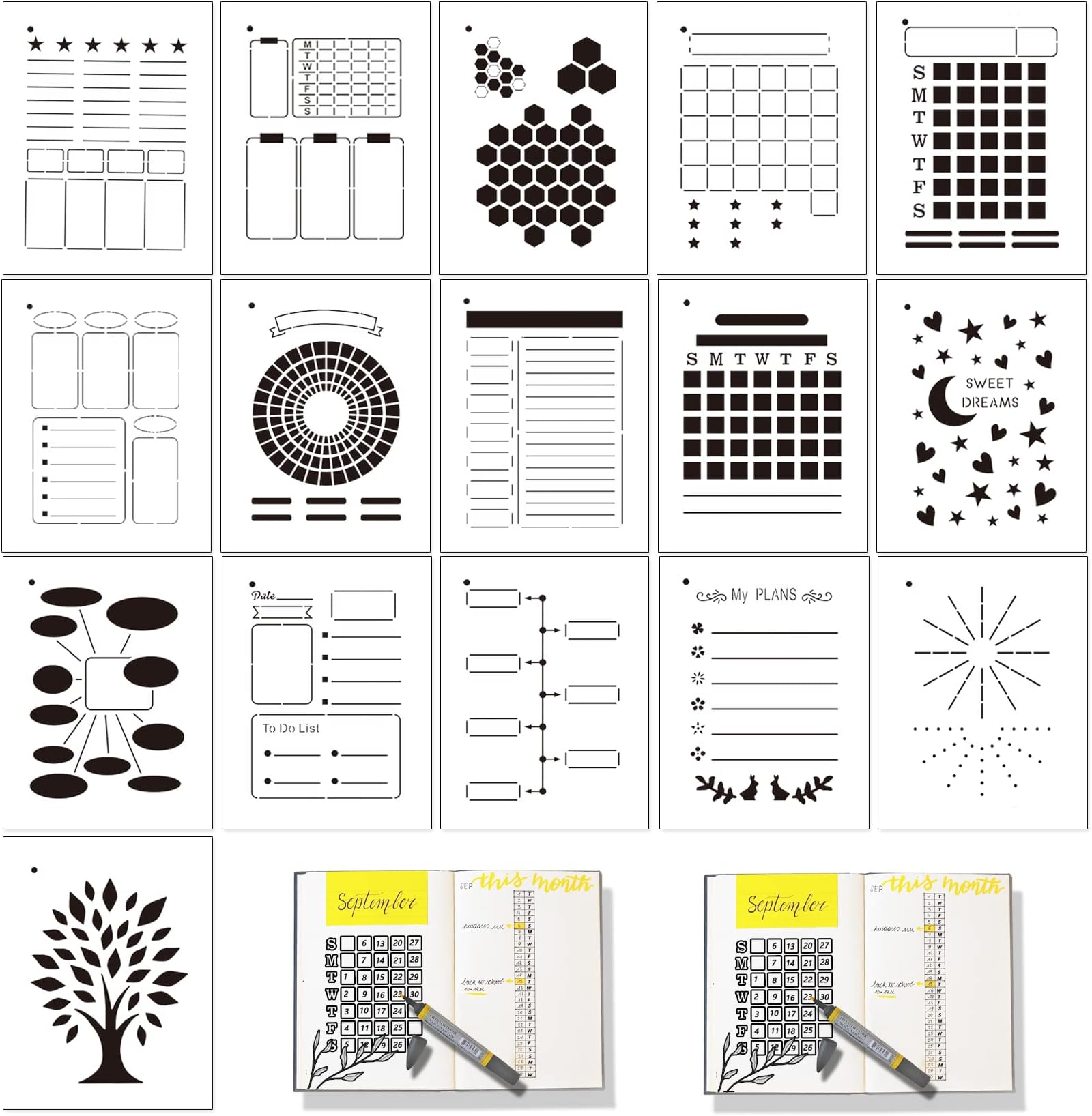 16 PCS Habit Tracker Journal Stencils Supplies Set Portable Planner Calendar Journaling Stencils Templates for Productivity Starter Achieve Goal Checklists Meal Plans Monthly Spreads (A5 Size)